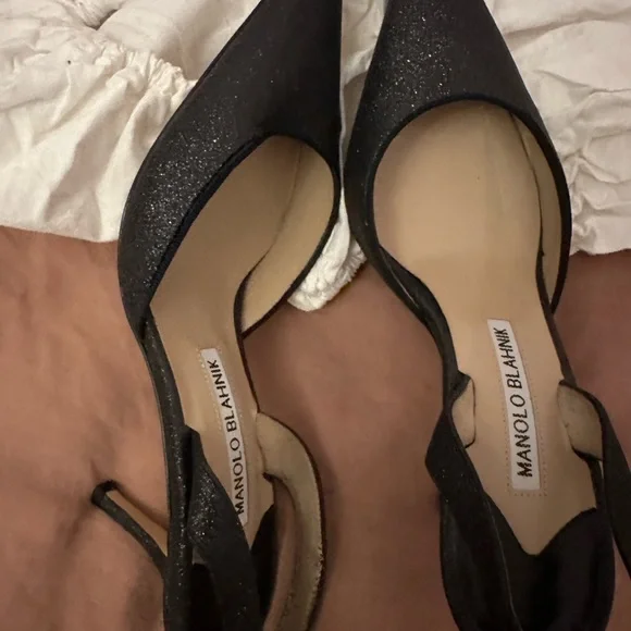 Manolo Blahnik Carolyne Low Heel Women's Slingback Pumps Black Glitter EU 35.5 - Picture 3 of 6